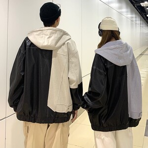 709-JK817-P125 春秋连帽拉链皮衣呢子拼接百搭休闲夹克情侣图片