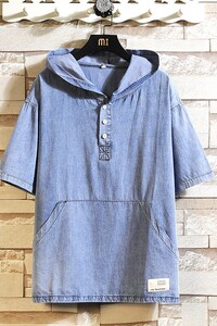 709-C902-P65 挂拍 夏季纯色棉牛仔连帽宽松大码衬衫T恤日系图片