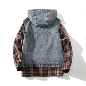 709-JK07-P125 春季上新水洗牛仔拼接连帽假两件格子夹克外套图片