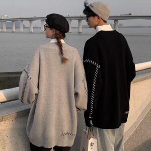 709-MY27-P95 情侣港风宽松复古V领开衫坎线百搭休闲毛衣图片