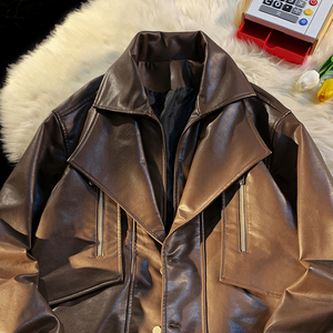 709-JK877-P145小众西装领皮衣夹克拉链装饰纯色外套平铺,女生西装三件套搭配技巧图片