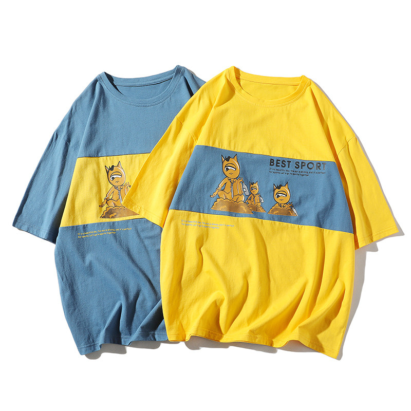 21 summer cartoon print T-shirt with white background for men's casual round neck and 5 / 5 sleeves