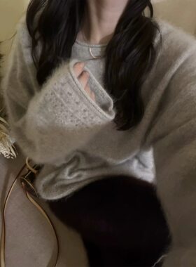 慵懒高级感灰色浣熊绒毛衣女秋冬软糯奶fufu外穿宽松套头针织上衣