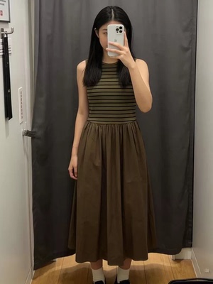 女装圆领条纹拼接收腰显瘦大摆裙连衣裙无袖裙子26春夏新款484887