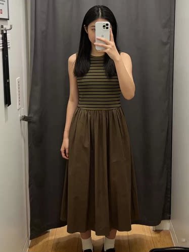 女装圆领条纹拼接收腰显瘦大摆裙连衣裙无袖裙子26春夏新款484887