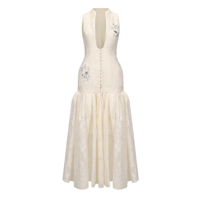 【 官方授权 】 JUNYANG杨君 凝脂白雪兰花法绣深V连衣裙