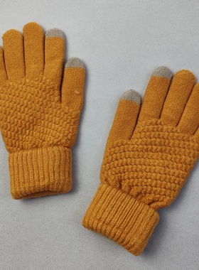 冬季女分指触屏手套保暖内拉毛时尚黄色翻口五指户外骑行针织手套