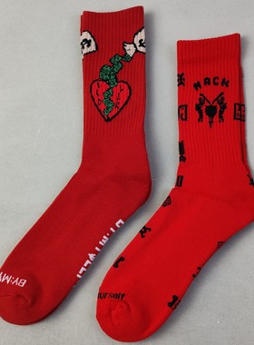 外单男士毛巾底中高筒运动袜秋冬季加厚毛圈吸湿排汗红色个性潮袜