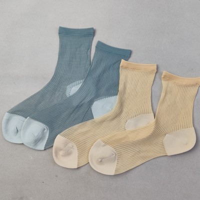 夏季薄款透气丝袜男女孩大童中筒袜纯色竖条纹简约女孩袜子清库存