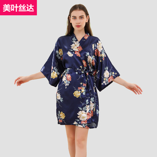 田园风不过膝短款宽松睡袍女夏五分袖中袖仿真丝冰丝花朵浴袍睡衣
