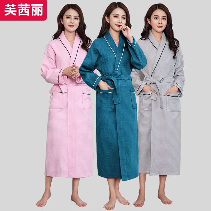 男女情侣100%纯棉华夫格长袖镶边睡袍睡衣中长款桑拿汗蒸吸水浴袍