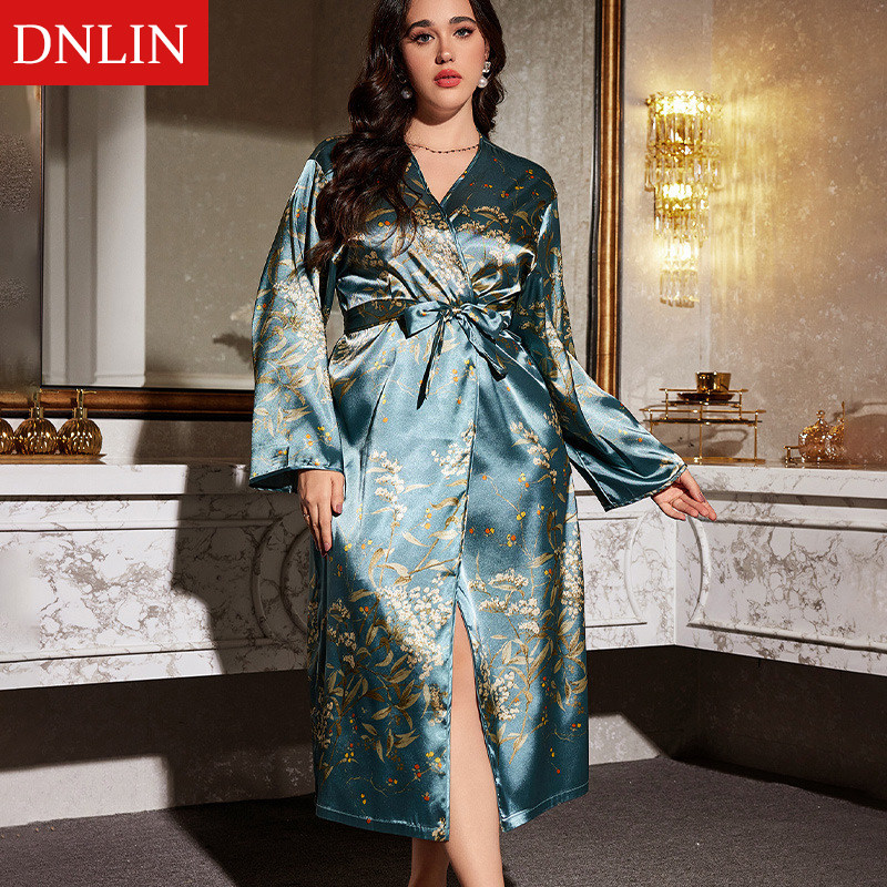 欧美大码女胖mm宽松樱桃睡袍缎面仿真丝长袖加长款浴袍冰丝睡衣薄