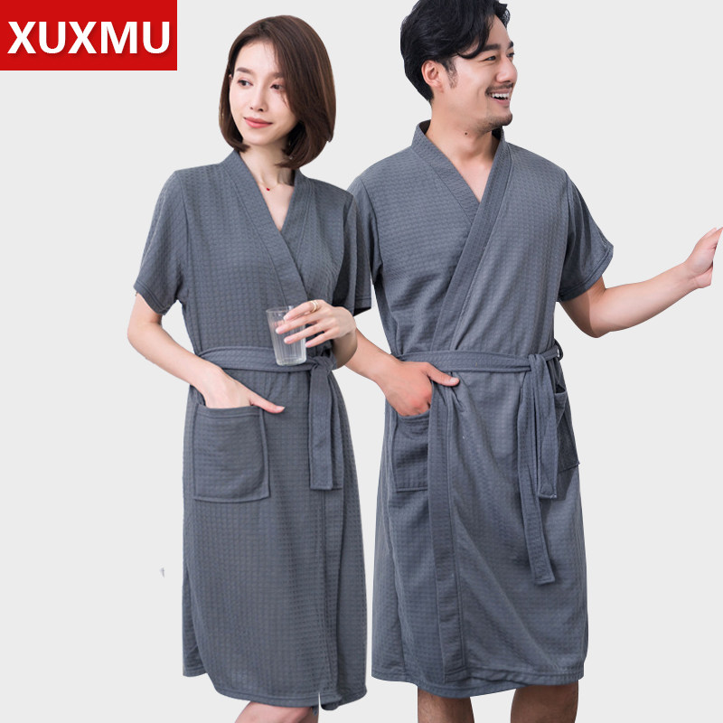 华夫格男女情侣通用中袖睡袍汗蒸桑拿短袖浴袍冰丝睡衣齐膝中长款