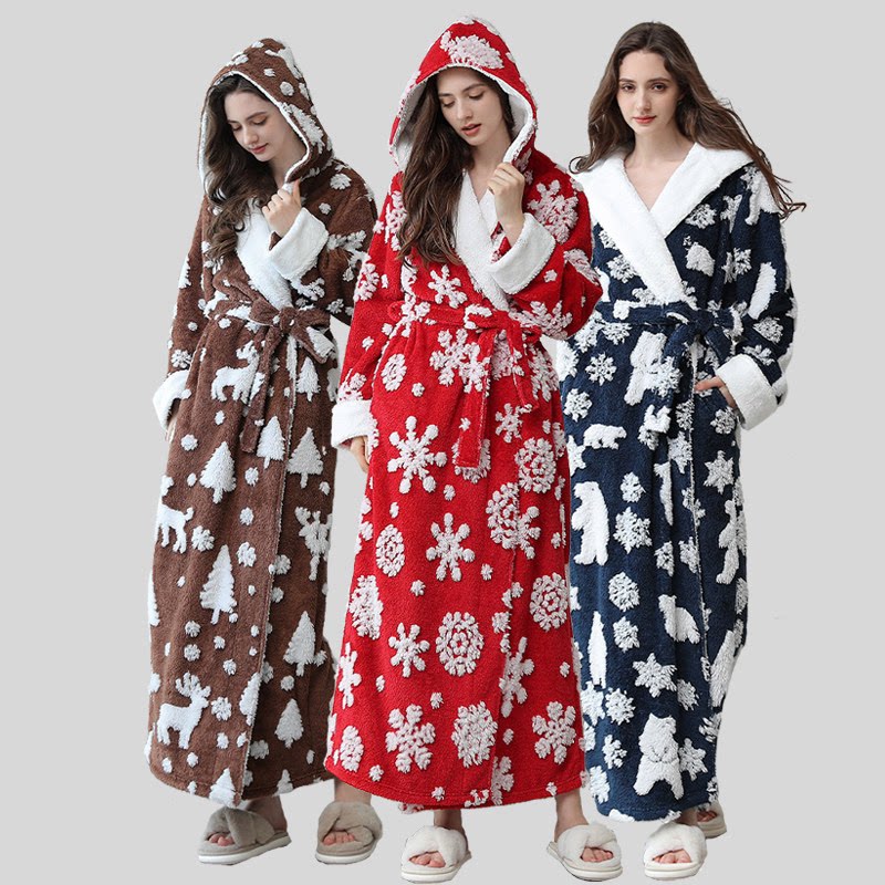 秋冬男女加厚法兰绒立体雪花睡袍