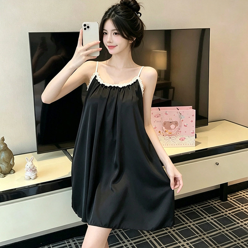带胸垫法式蕾丝花边吊带睡裙女甜美纯欲风性感蕾丝美背短裙连衣裙