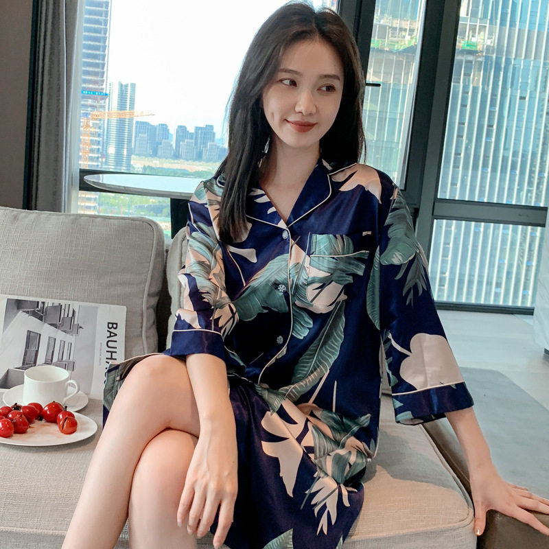 女夏仿真丝冰丝衬衣裙七分袖开衫男友衬衫裙甜美花朵睡衣上装薄款