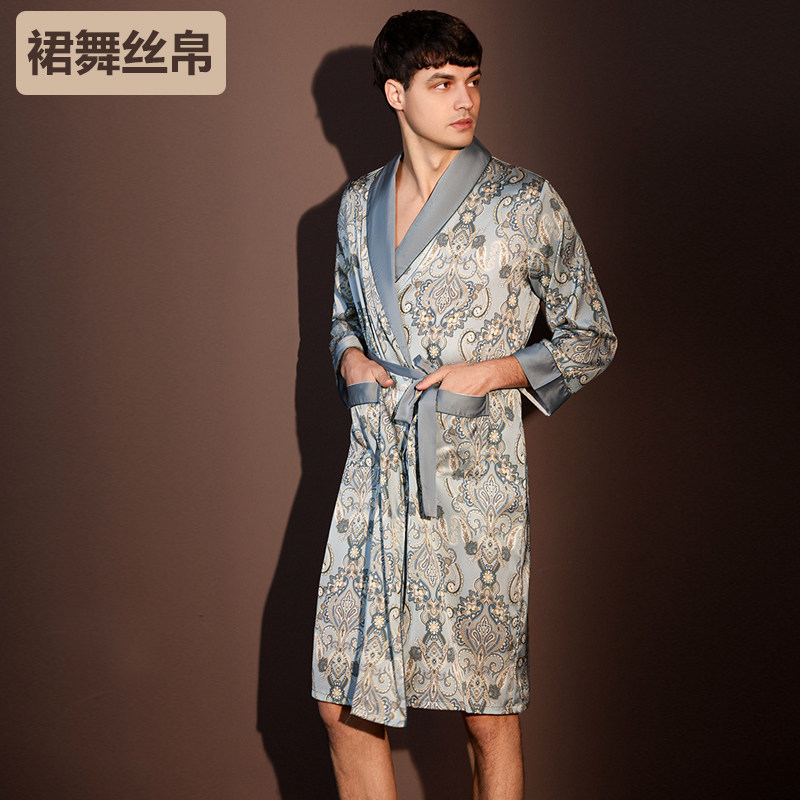 男欧式巴洛克风高档缎面仿真丝睡袍长袖齐膝浴袍家居服睡衣短款薄