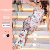 丹尼林女冰丝性感蕾丝V领吊带长裤 玫瑰仿真丝家居服 睡衣两件套装