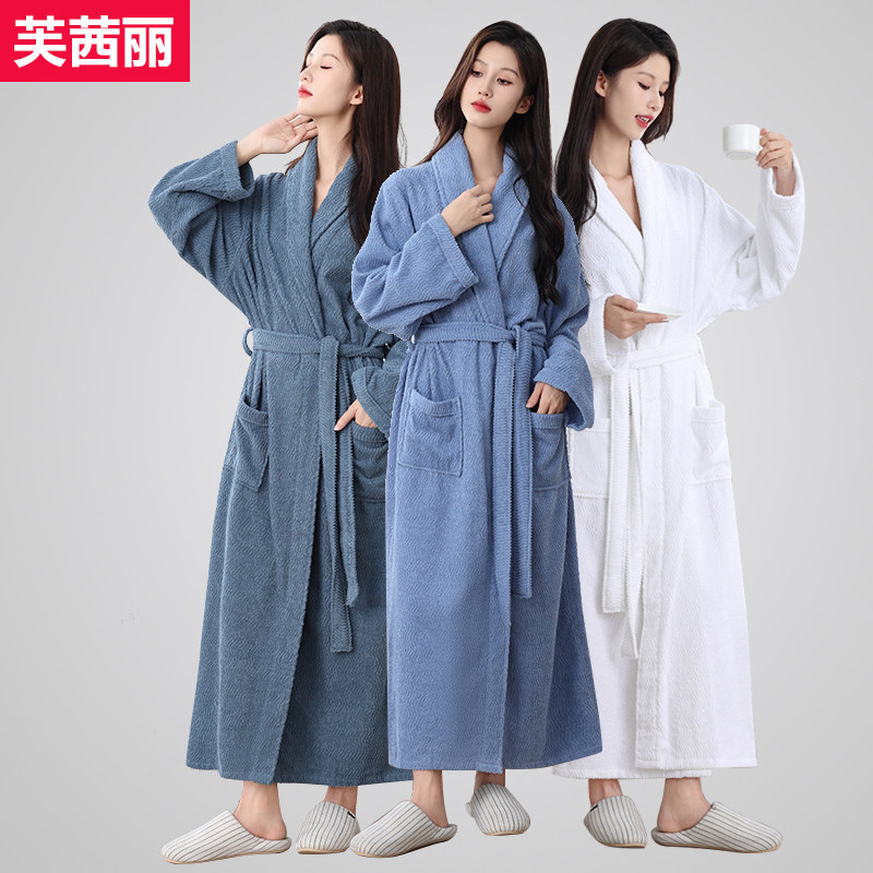 100%纯棉毛巾料男女情侣四季通用加长款睡袍到脚踝波浪纹吸水浴袍