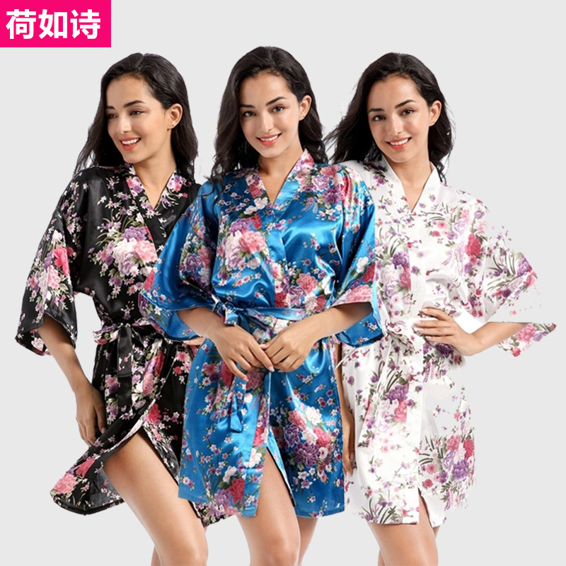 欧码凉感仿真丝女夏睡袍花朵浴袍不过膝显腿长胖MM睡衣薄性感短款