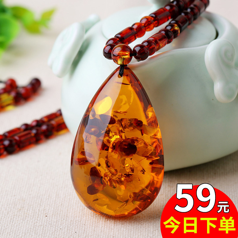 琥珀水滴项链蜜蜡风景花珀吊坠男女民族风毛衣链配饰挂坠长款礼物