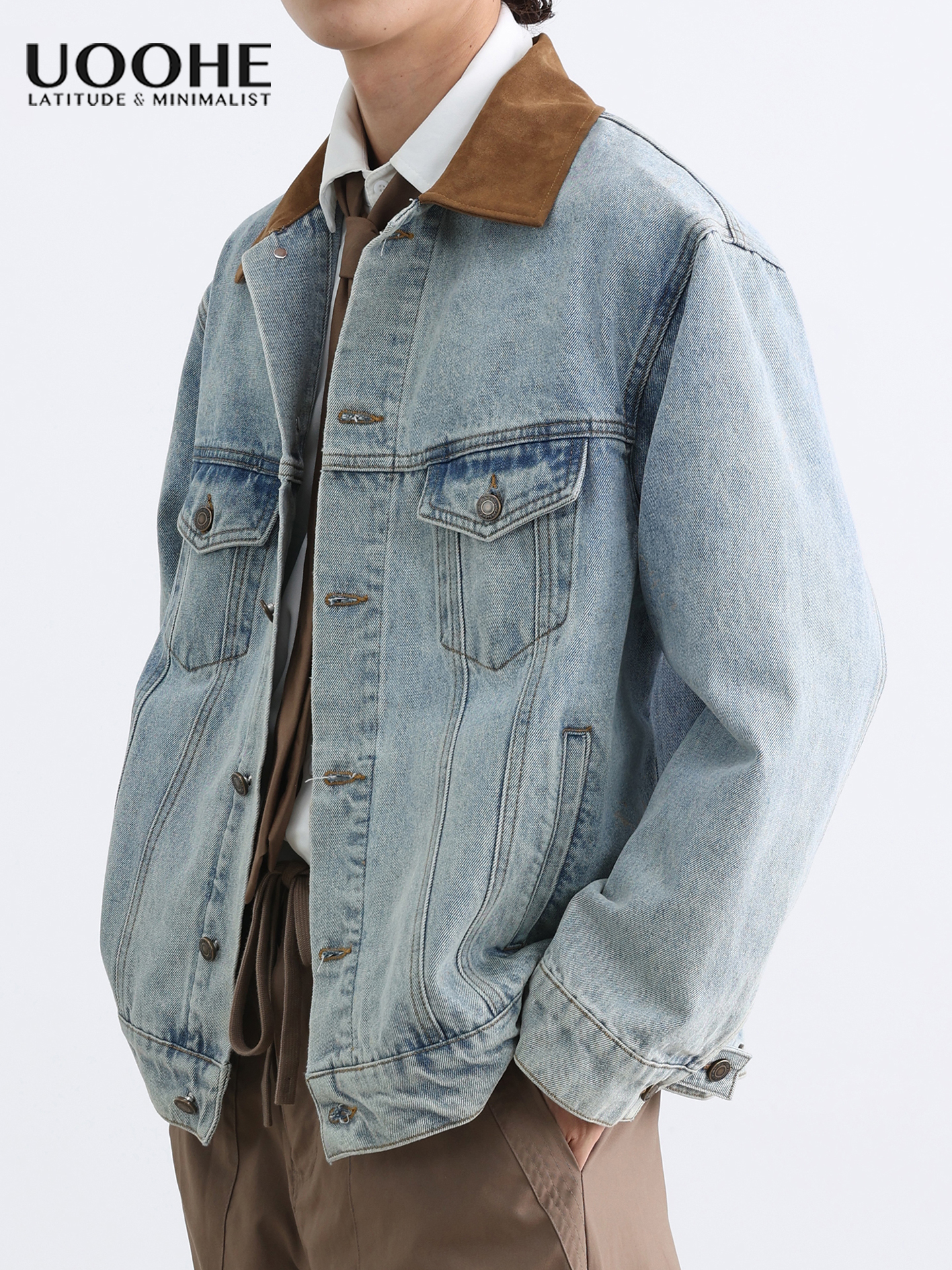 UOOHE怀旧覆古长袖牛仔外套男款秋季潮流宽松休闲百搭翻领上衣服