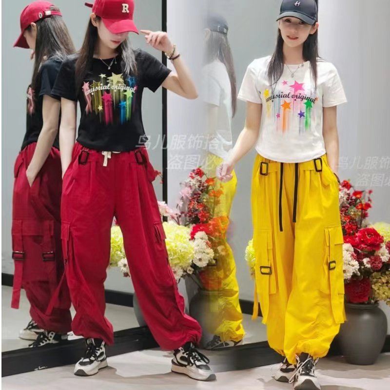2025夏季新款网红抖音同款开叉印花短袖飘带工装裤男女同款演出服