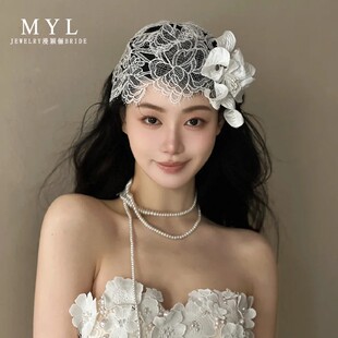 漫俪新款梦幻白色蕾丝软花帽复古法式新娘帽饰婚纱写真港风头饰品