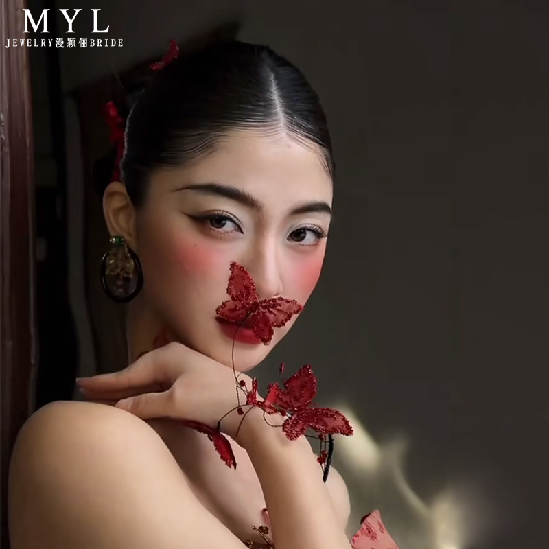 新款新娘头饰酒红色碎钻蝴蝶发饰