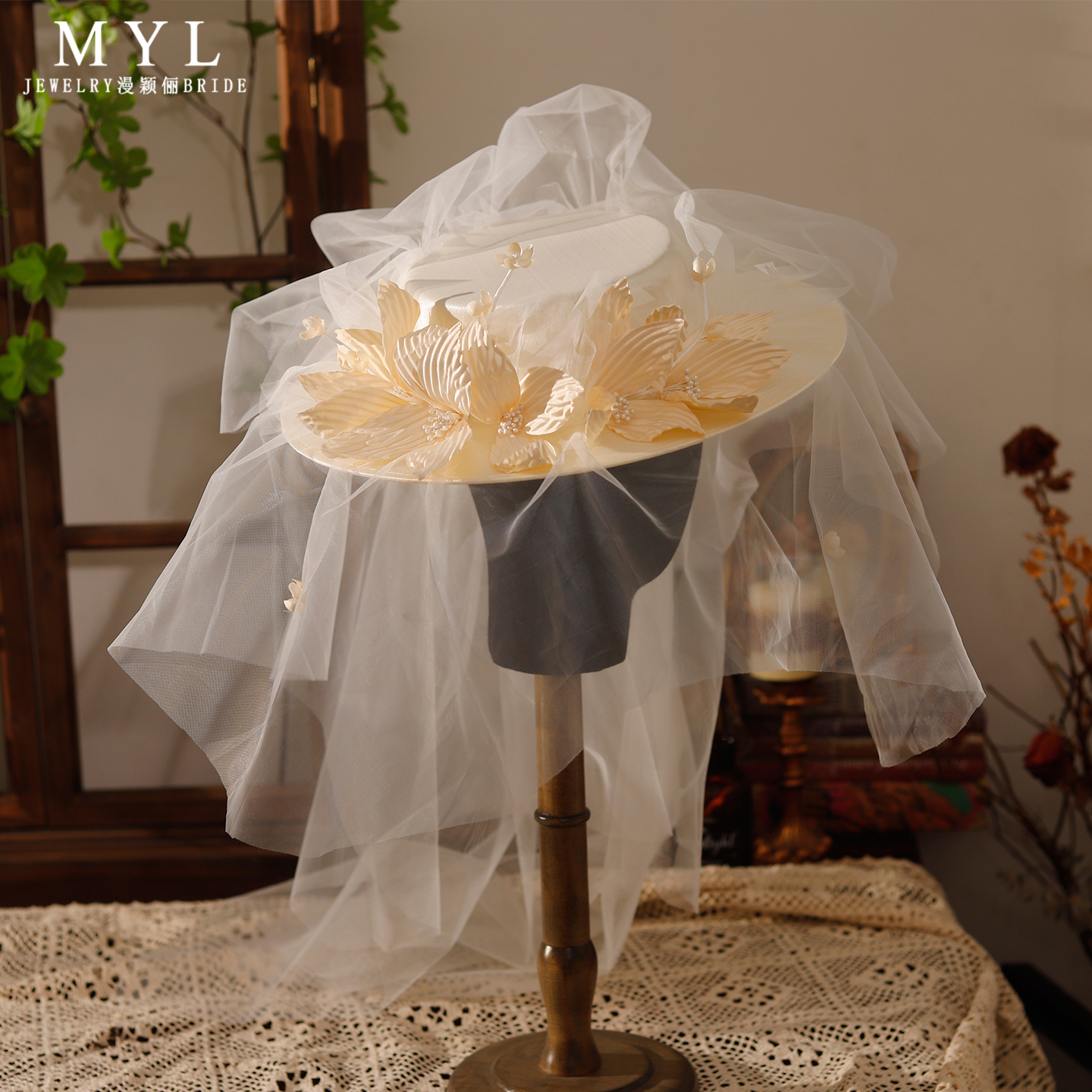 新款法式复古新娘杏色花朵礼帽