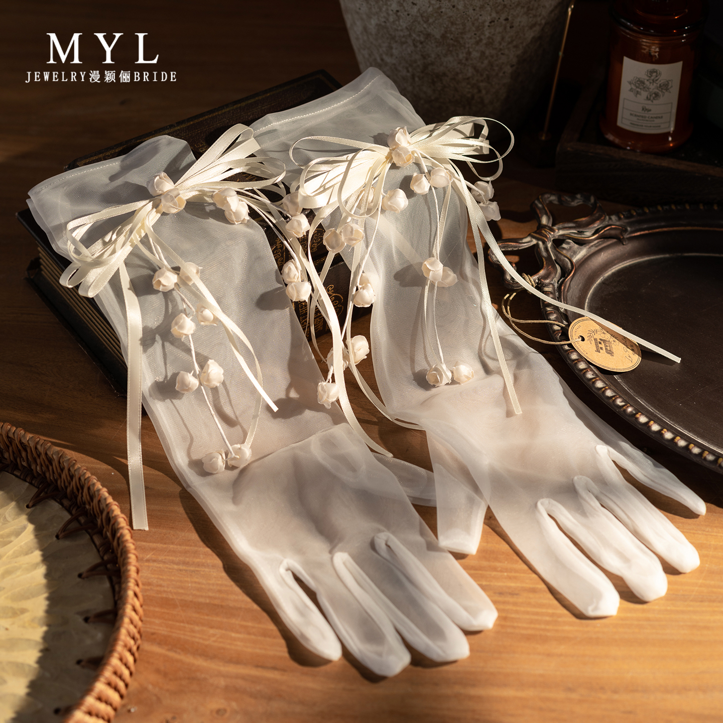 甜美新品白色网纱铃兰花蝴蝶结新娘手套婚纱礼服韩式配饰超仙薄款