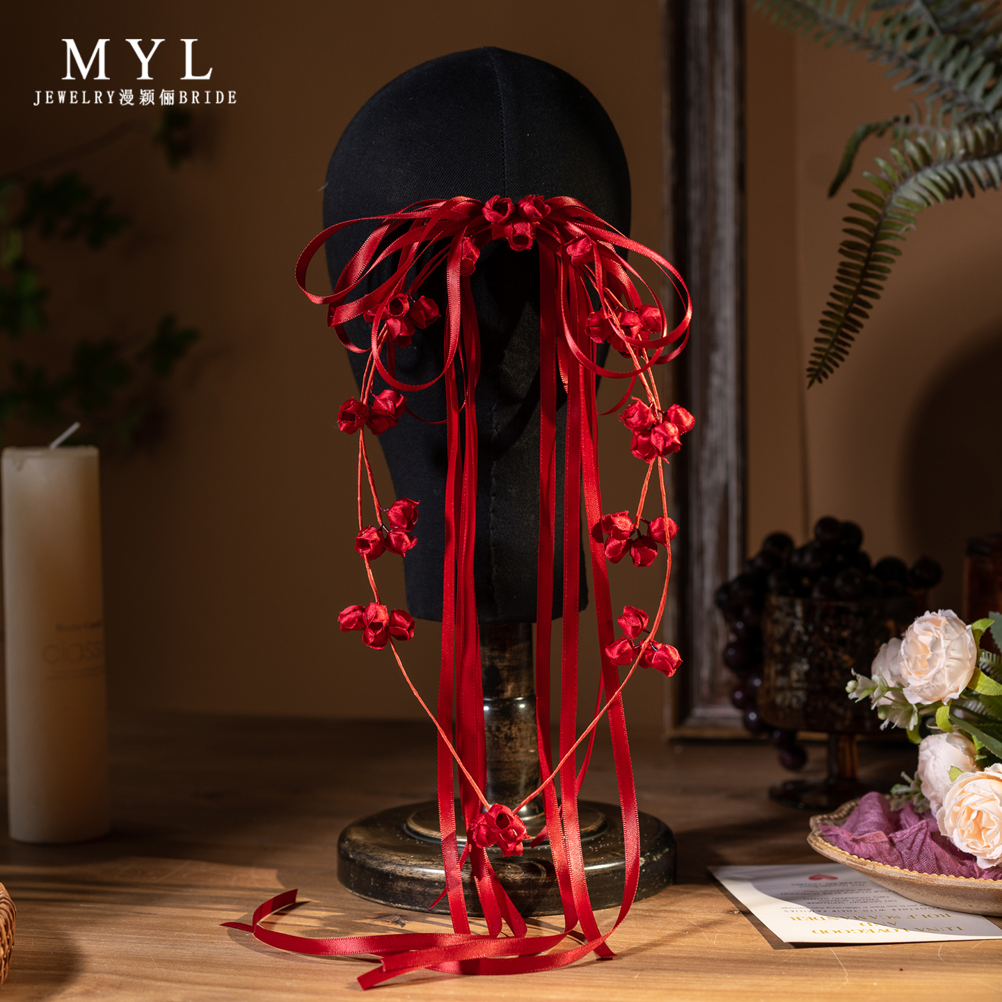 新款超仙红色兰玲花蝴蝶结飘带发饰新娘头饰婚纱敬酒服跟妆配饰品