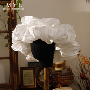 法式优雅白色花朵缎面礼帽女新娘写真造型蓬蓬纱帽仙气礼服配饰