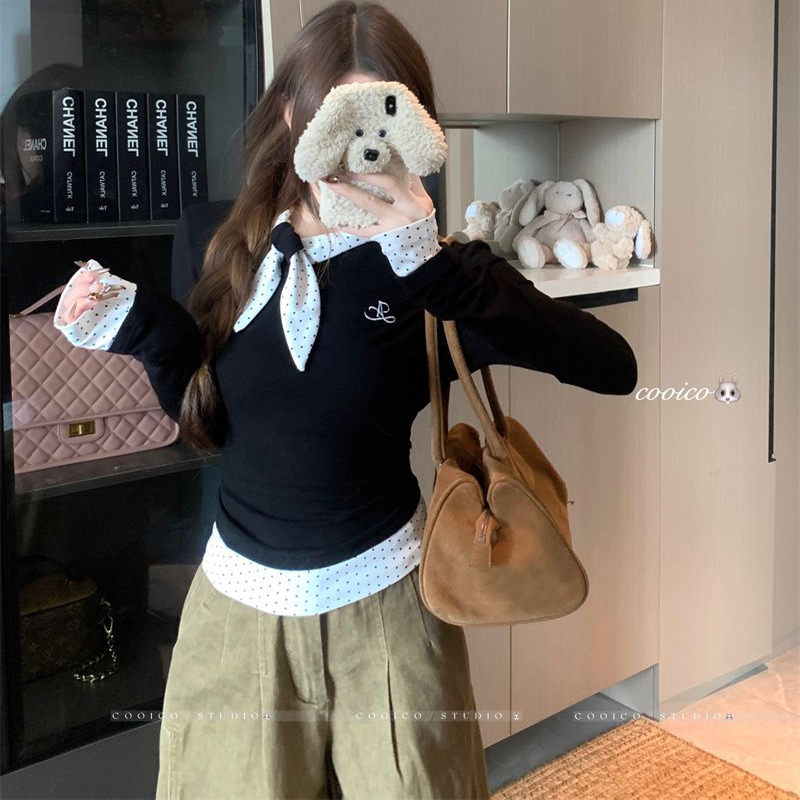黑色法式蝴蝶结长袖T恤女2025秋设计感显瘦撞色波点别致上衣