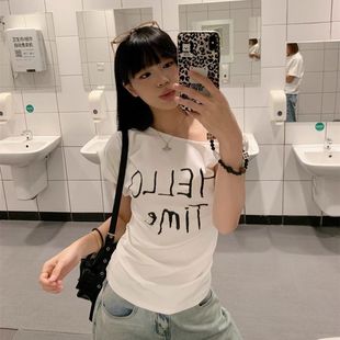 韩系设计感小众显瘦上衣 美式 斜肩扭结字母印花短袖 t恤女夏季 新款