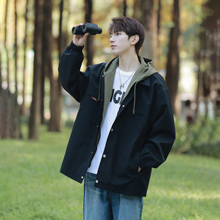 外套 潮牌假两件连帽夹克男春秋潮流青少年宽松休闲工装 Kusen 美式