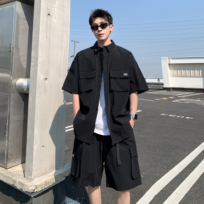 KUSEN 冰丝衬衣套装男夏季宽松衬衫工装短裤两件套休闲穿搭一整套