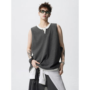 夏季 背心T恤男士 青少年宽松休闲运动上衣 潮牌假两件无袖 KUSEN美式