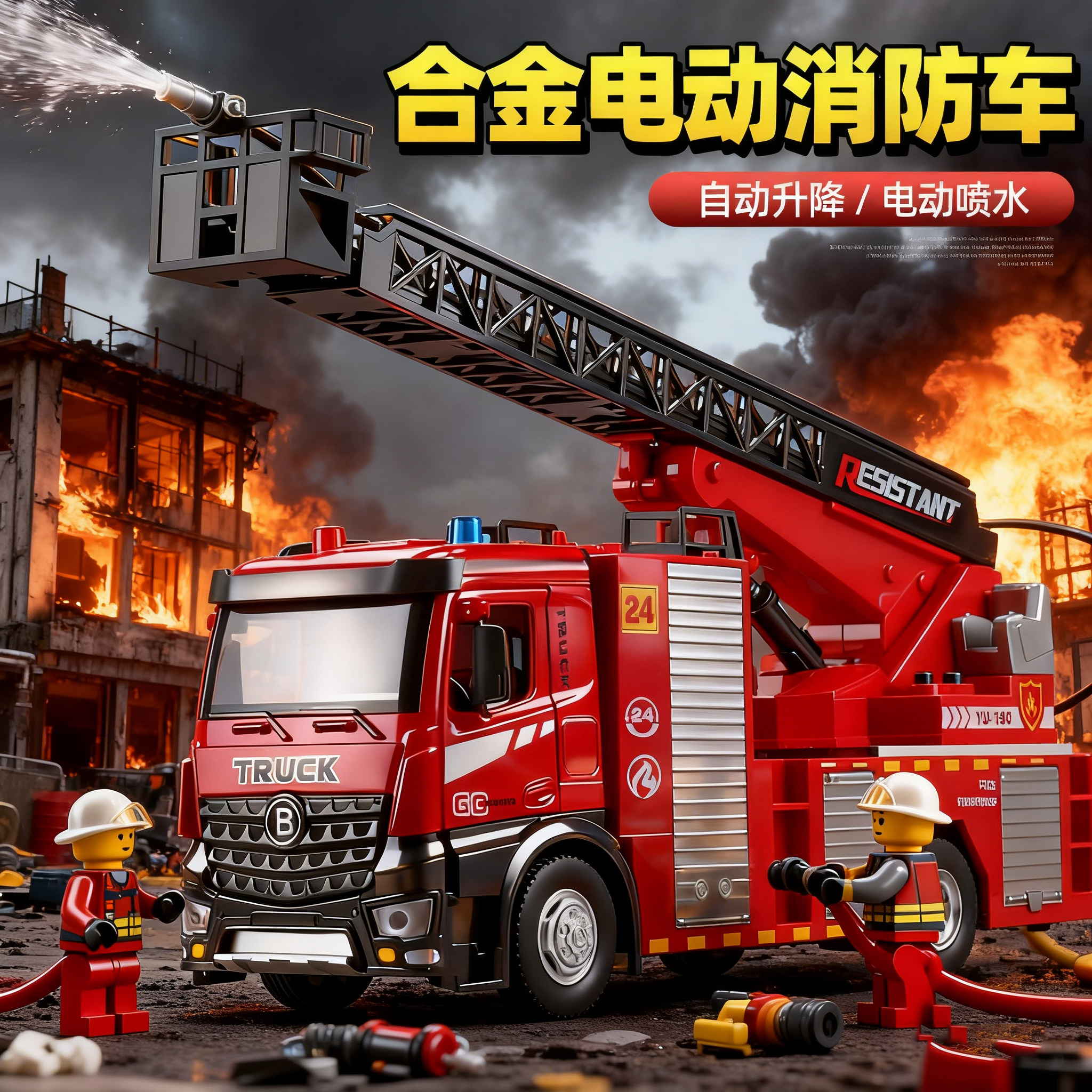 大号电动喷水消防车玩具男孩云梯救援车模型合金洒水车儿童玩具车
