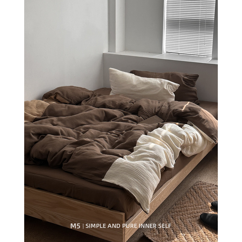 软糯柔软中古风美拉德色皱皱纱全棉床上四件套纯棉双层纱床单被套