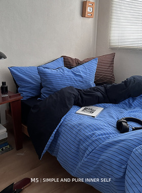 ins博主简约条纹极简风纯棉床上四件套全棉床单被套床笠床品4件套