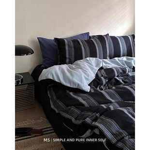 复古条纹老钱风100全棉提花纯棉床上四件套床笠床单被套床品4件套