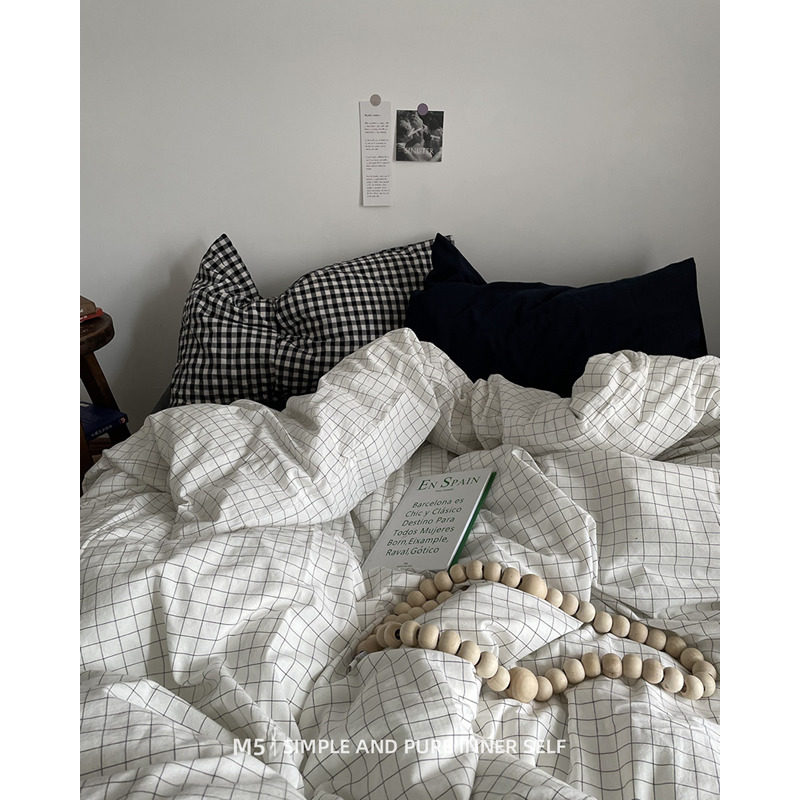 黑白灰极简风简约格子纯棉全棉四件套床单被套床笠床上用品三件套