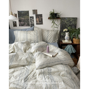 ins复古风法式中古纯棉床上四件套全棉床单被套床笠款床品三件套