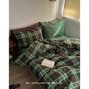 美拉德复古中古风格子纯棉床上四件套全棉床单被套床笠床品三件套
