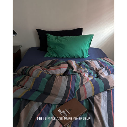 复古条纹中古风100全棉纯棉床上四件套床单被套床笠款床品三件套