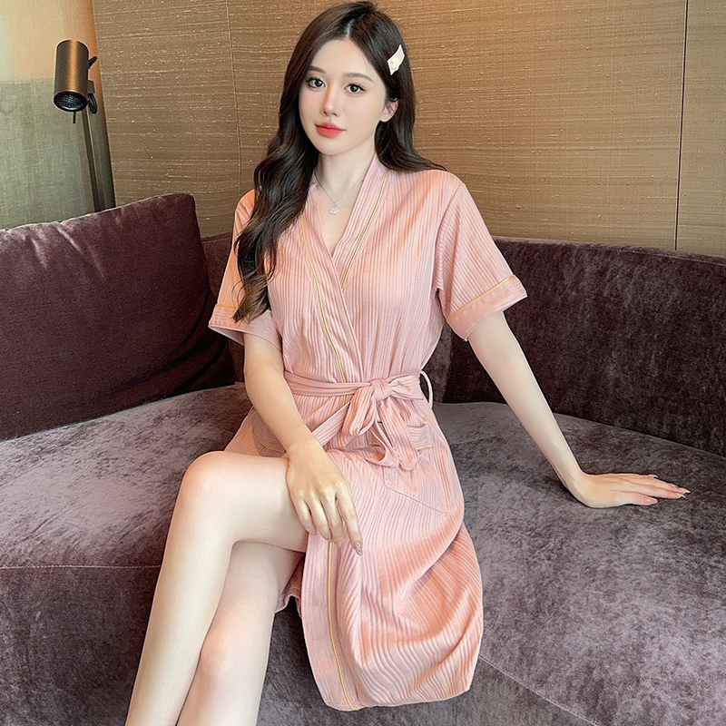 2025新款浴衣睡袍夏季睡衣女士纯色纯棉睡裙可爱大码胖MM短袖纯欲