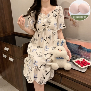 短袖睡裙女士夏季性感泡泡棉麻可爱睡衣连衣裙纯棉薄款大码家居服