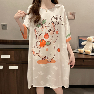 睡衣女夏季短袖冰丝绸大猫咪可爱韩版真丝睡裙性感大码胖mm家居服