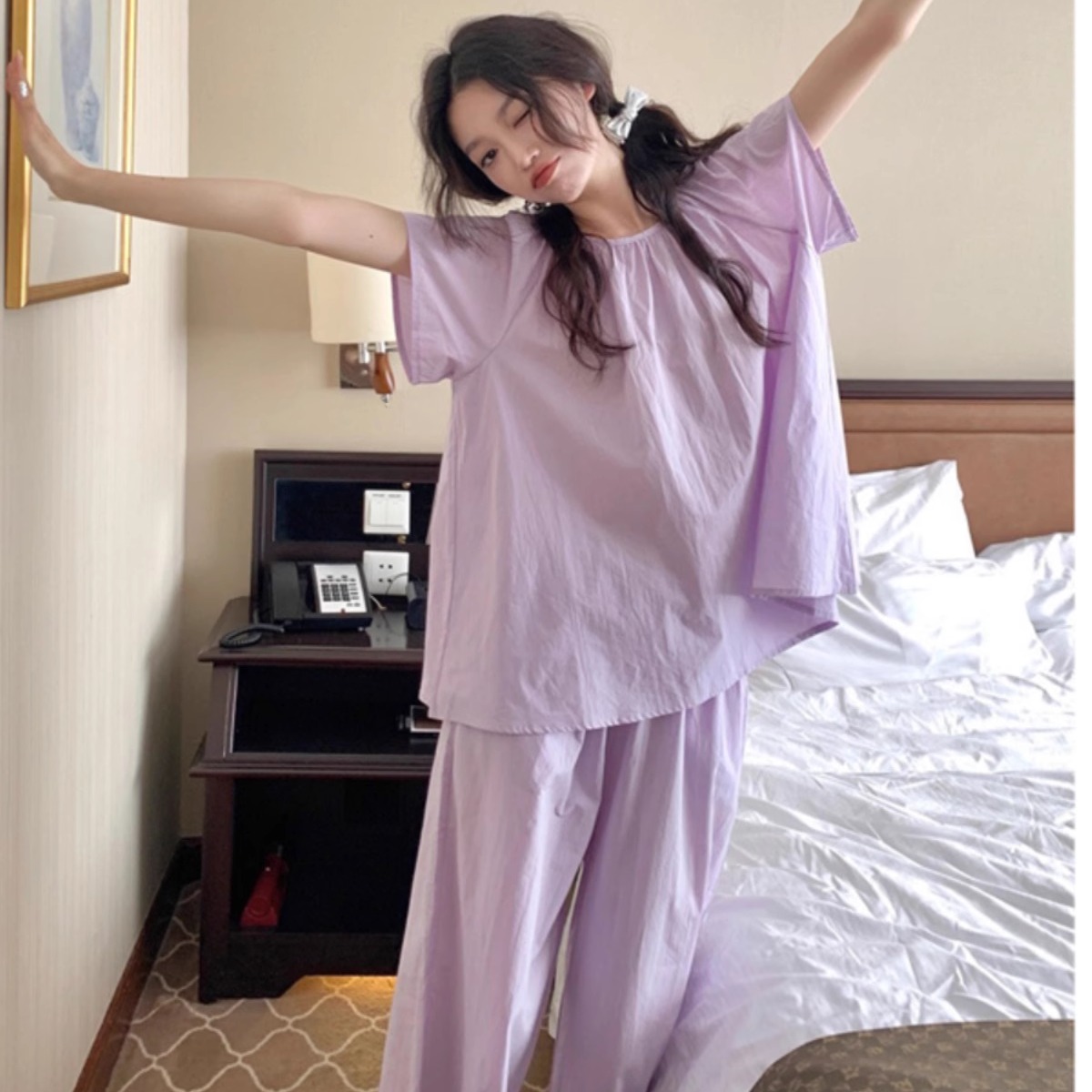家居服套装睡衣女宽松舒适紫色夏季短袖长裤甜美休闲ins风可外穿